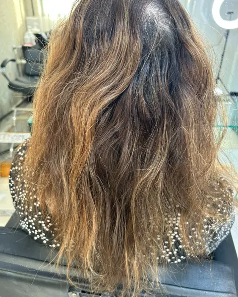 Morena iluminada crescida e oxidada, com fios ressecados e sem definição, antes do atendimento