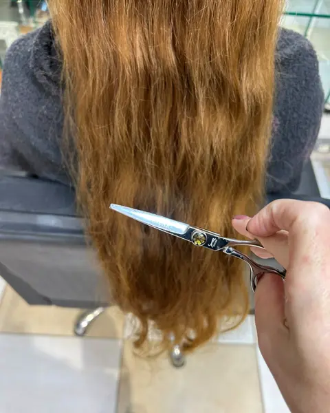 Cabelo longo loiro puxando para o alaranjado, com pontas ressecadas, antes do atendimento